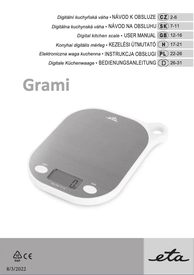 Page 1 de la notice Manuel utilisateur Eta Grami 3777 90000