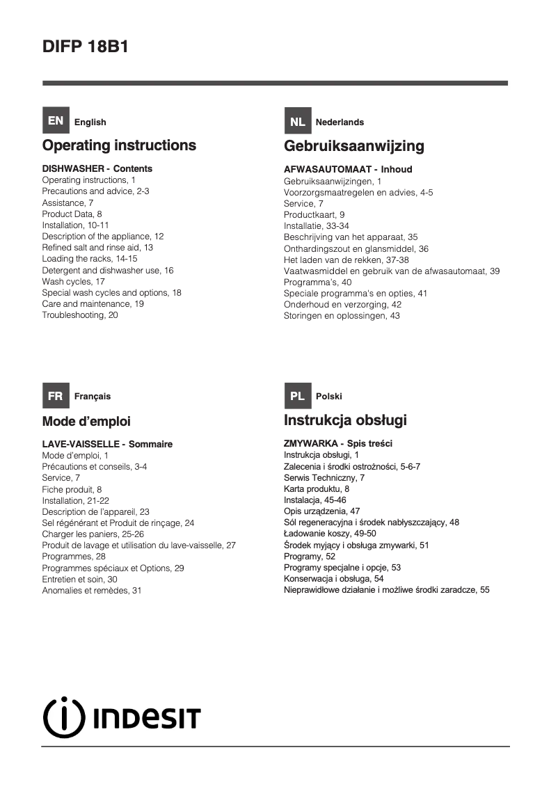 Page 1 de la notice Manuel utilisateur Indesit DIFP 18B1