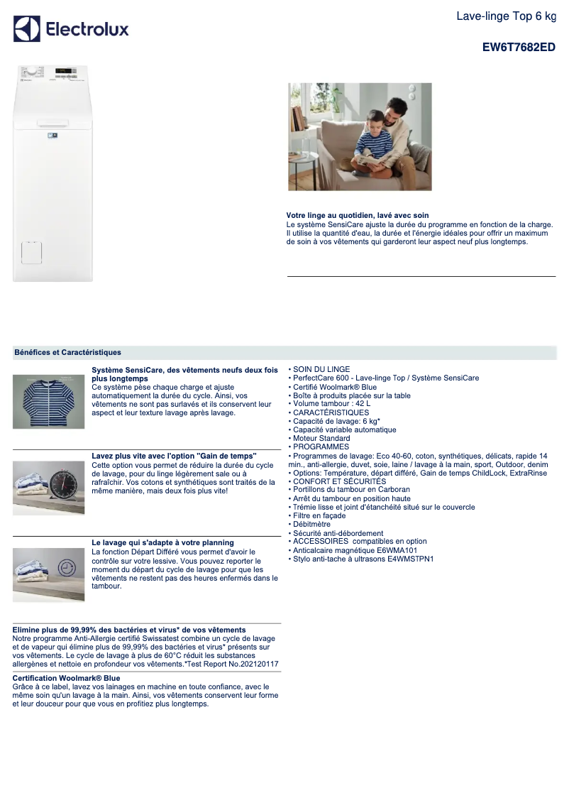 Page 1 de la notice Fiche technique Electrolux EW6T7682ED