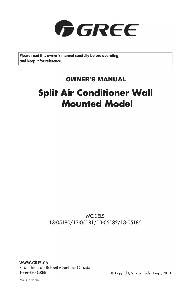 Page 1 de la notice Manuel utilisateur Gree GWC-12KF