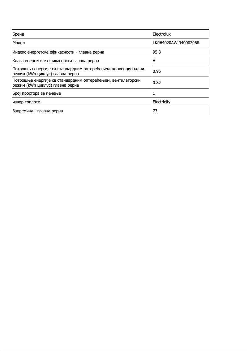 Page 1 de la notice Fiche technique Electrolux LKR64020AW