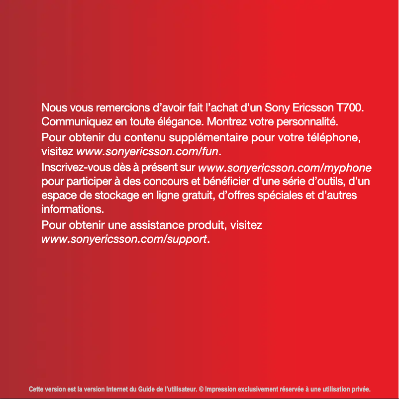 Page 1 de la notice Manuel utilisateur Sony Ericsson T700
