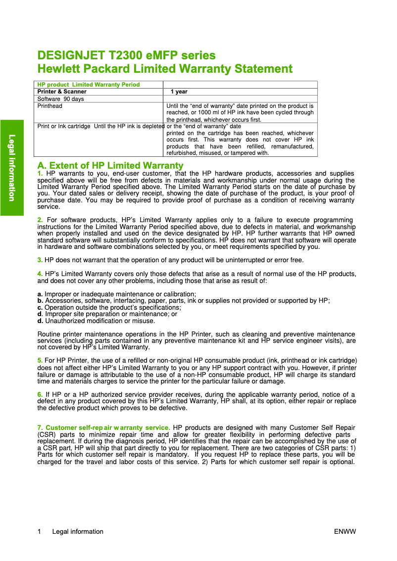 Page n°1 - Informations de garantie HP DesignJet T2300