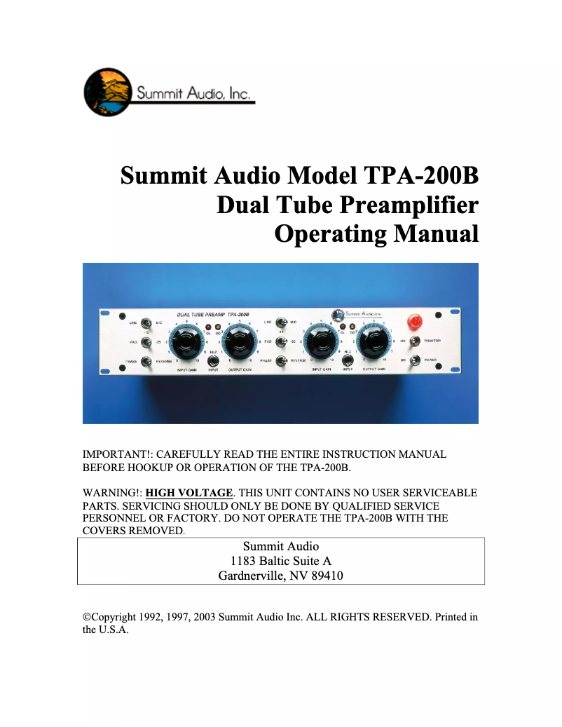 Page 1 de la notice Manuel utilisateur Summit Audio TPA-200B