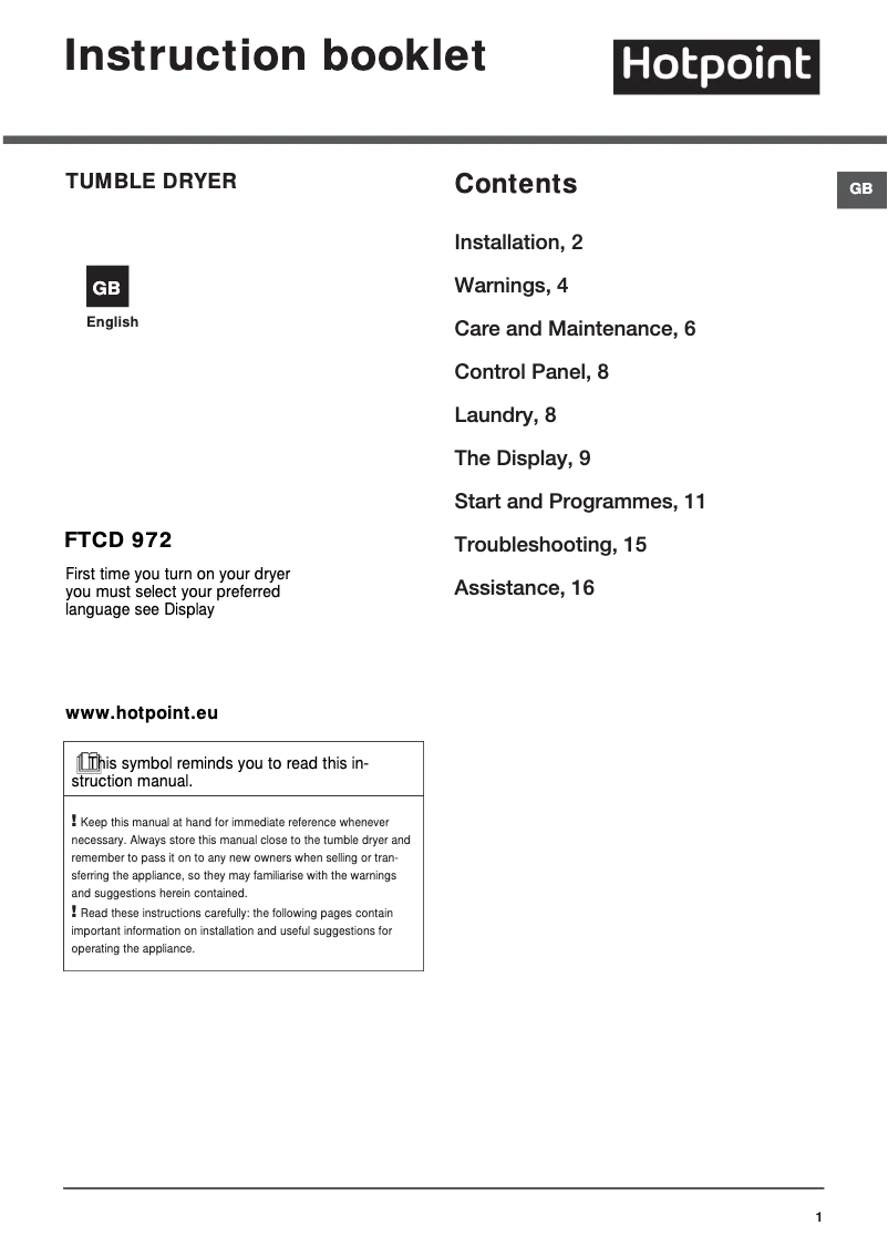 Page n°1 - Manuel utilisateur Hotpoint FTCD 972 6PM1 (UK)