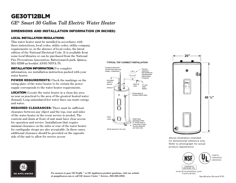 Page 1 de la notice Fiche technique GE GE30T12BLM