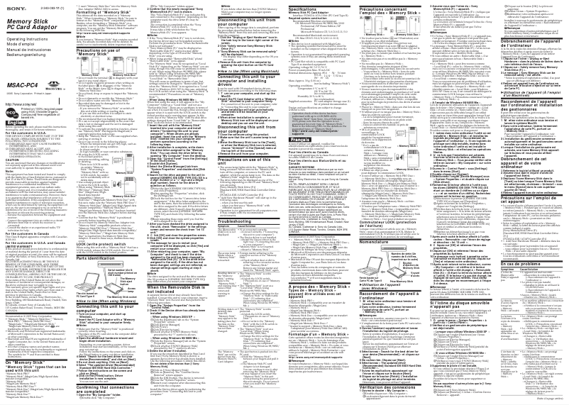 Page 1 de la notice Manuel utilisateur Sony MSAC-PC4