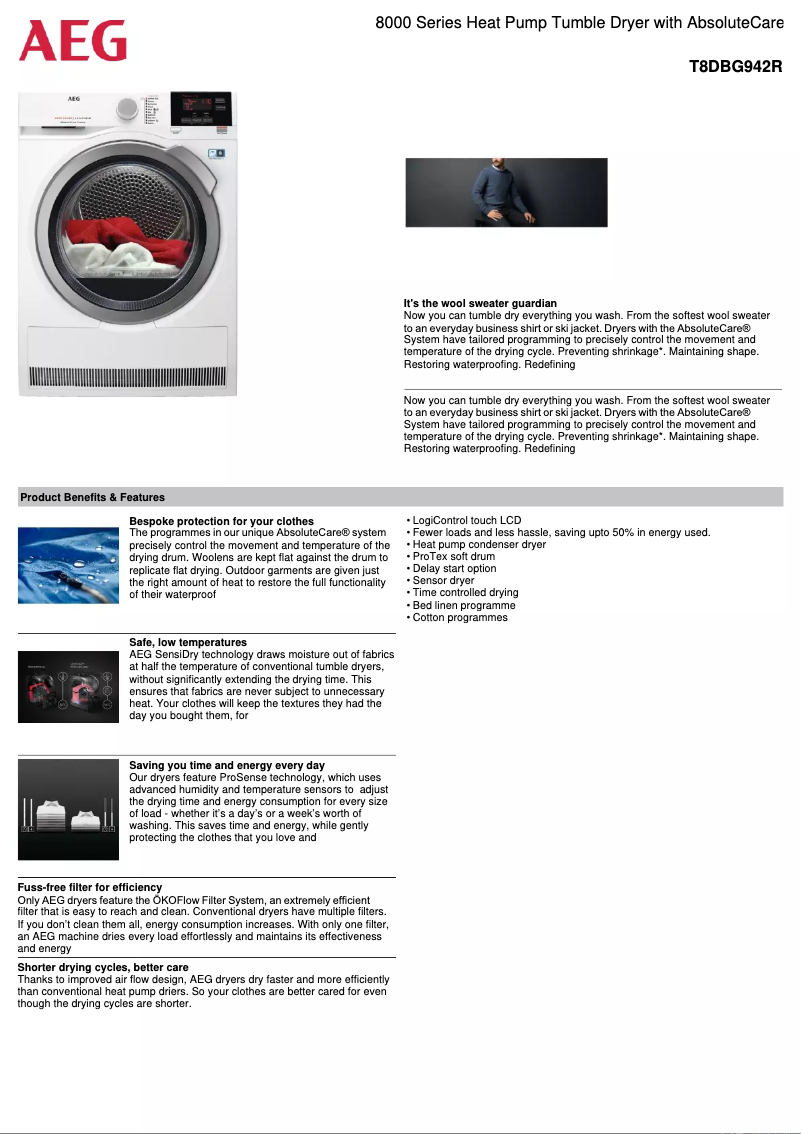 Página 1 del manual Ficha técnica AEG T8DBG942R
