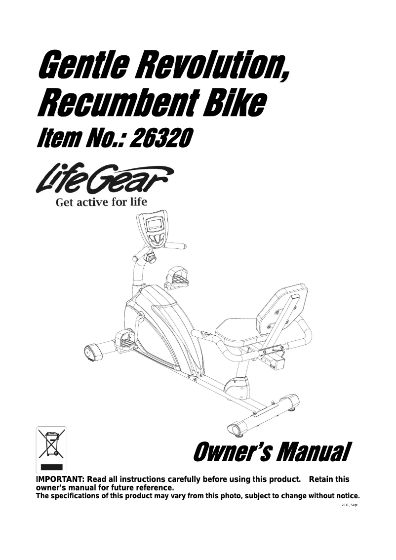 Page n°1 - Manuel utilisateur Life Gear Gentle Revolution Recumbent Bike 26320