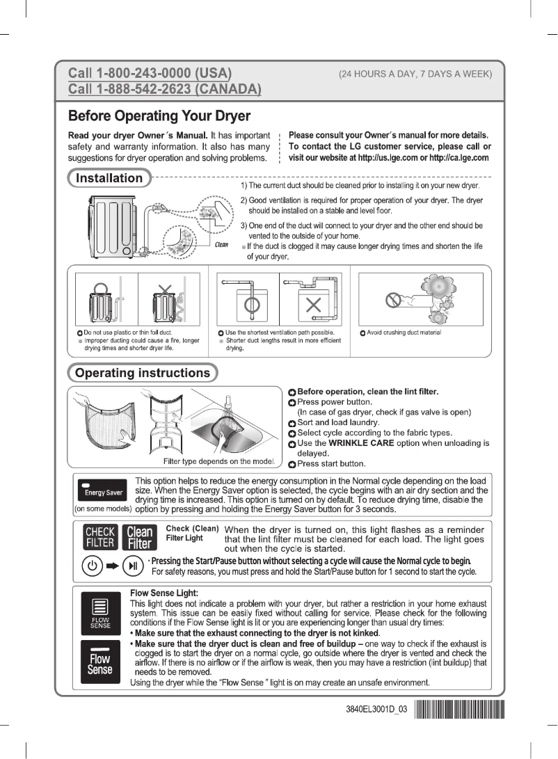 Page n°1 - Guide d'installation LG DLE7150W