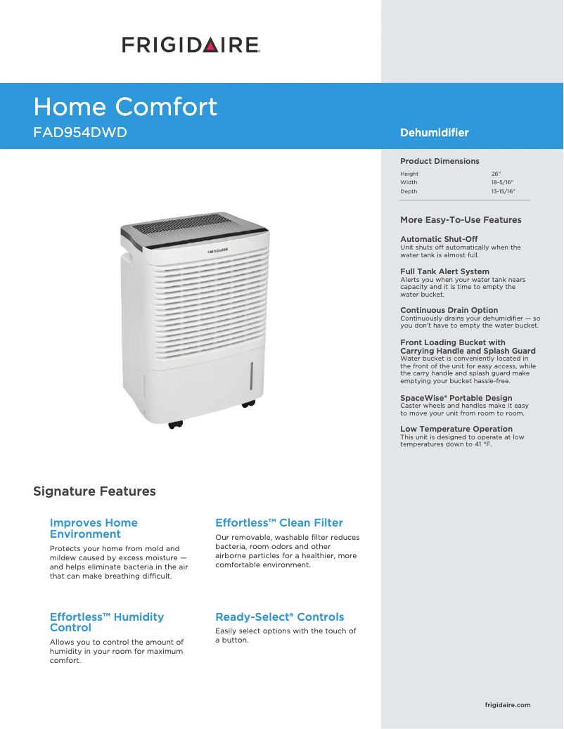 Page 1 de la notice Fiche technique Frigidaire FAD954DWD