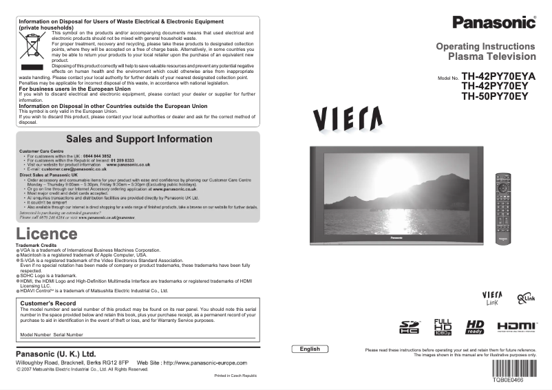 Page 1 de la notice Manuel utilisateur Panasonic Viera TH-50PY70EY