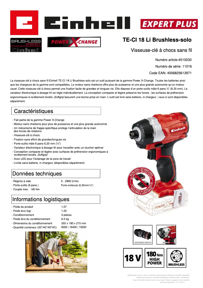 Page n°1 - Fiche technique Einhell TP-CI 18 Li BL - Solo