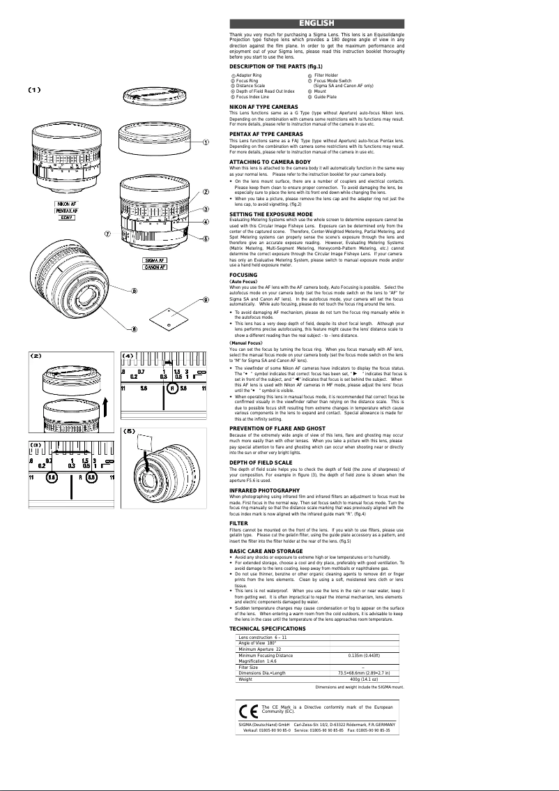Page 1 de la notice Mode d'emploi Sigma 8mm f3.5 EX DG Circular Fisheye
