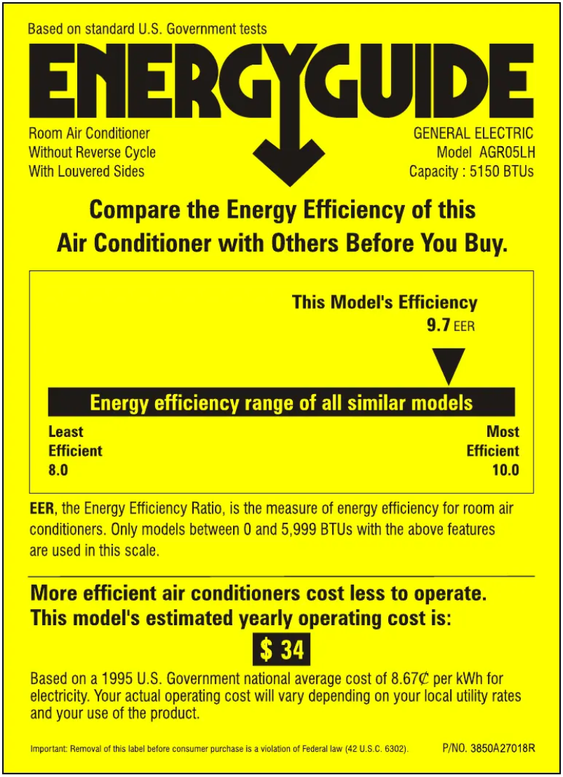 Page 1 de la notice Label énergétique GE AGR05LH