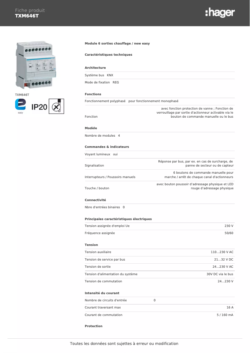 Page 1 de la notice Fiche technique Hager TXM646T