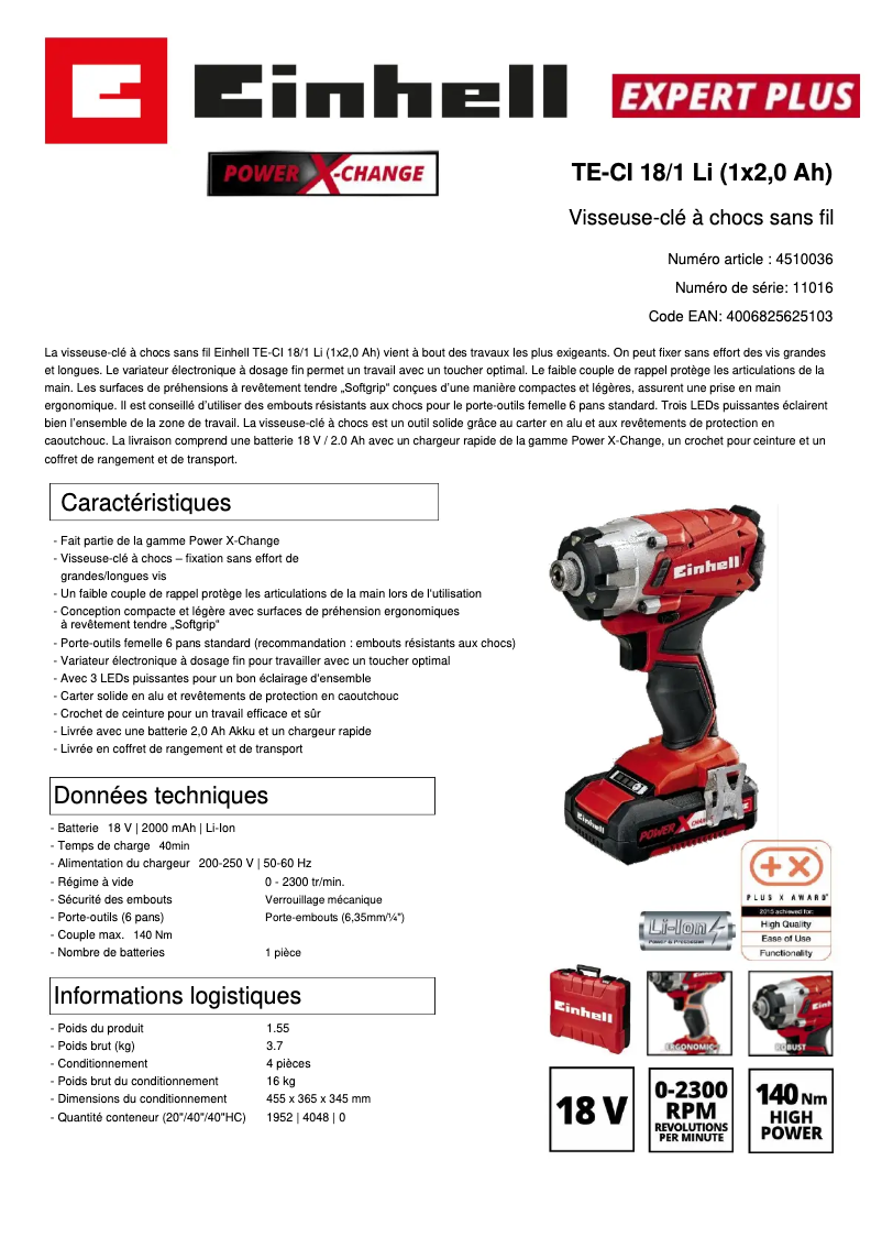 Page 1 de la notice Fiche technique Einhell TE-CI 18/1 Li