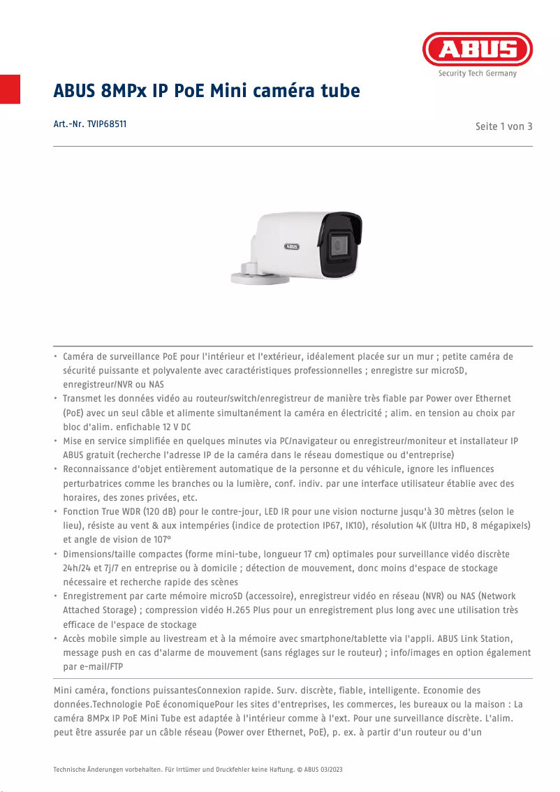 Page n°1 - Fiche technique Abus TVIP68511