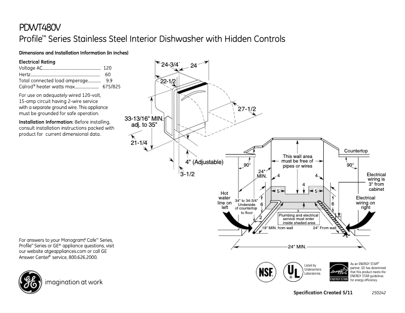 Page 1 de la notice Fiche technique GE Profile PDWT480VSS