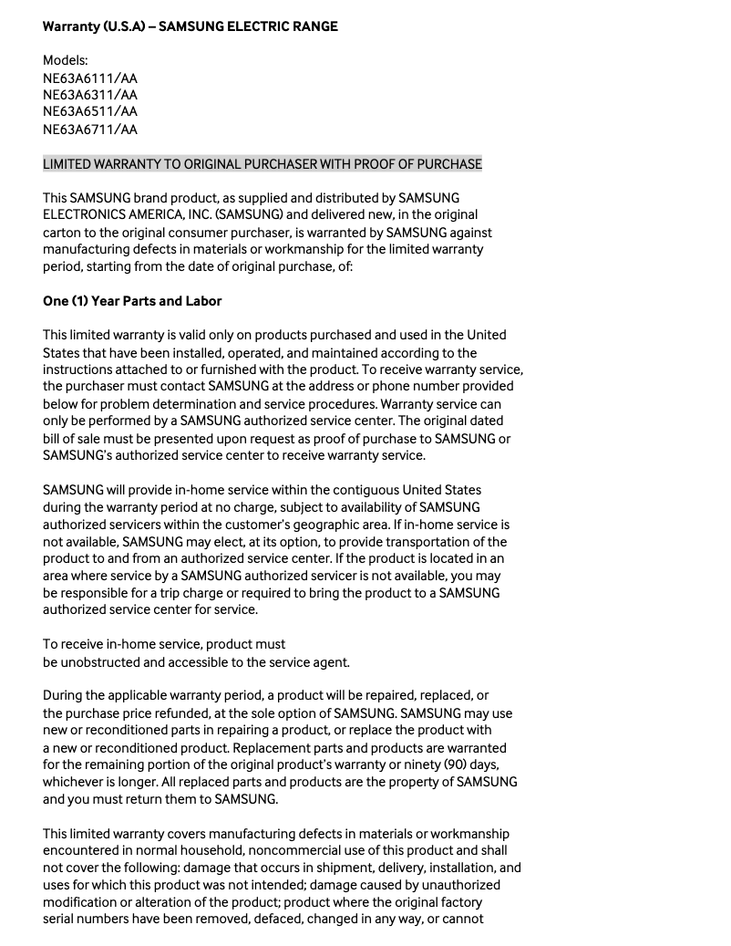 Page 1 de la notice Informations de garantie Samsung NE63A6511SS