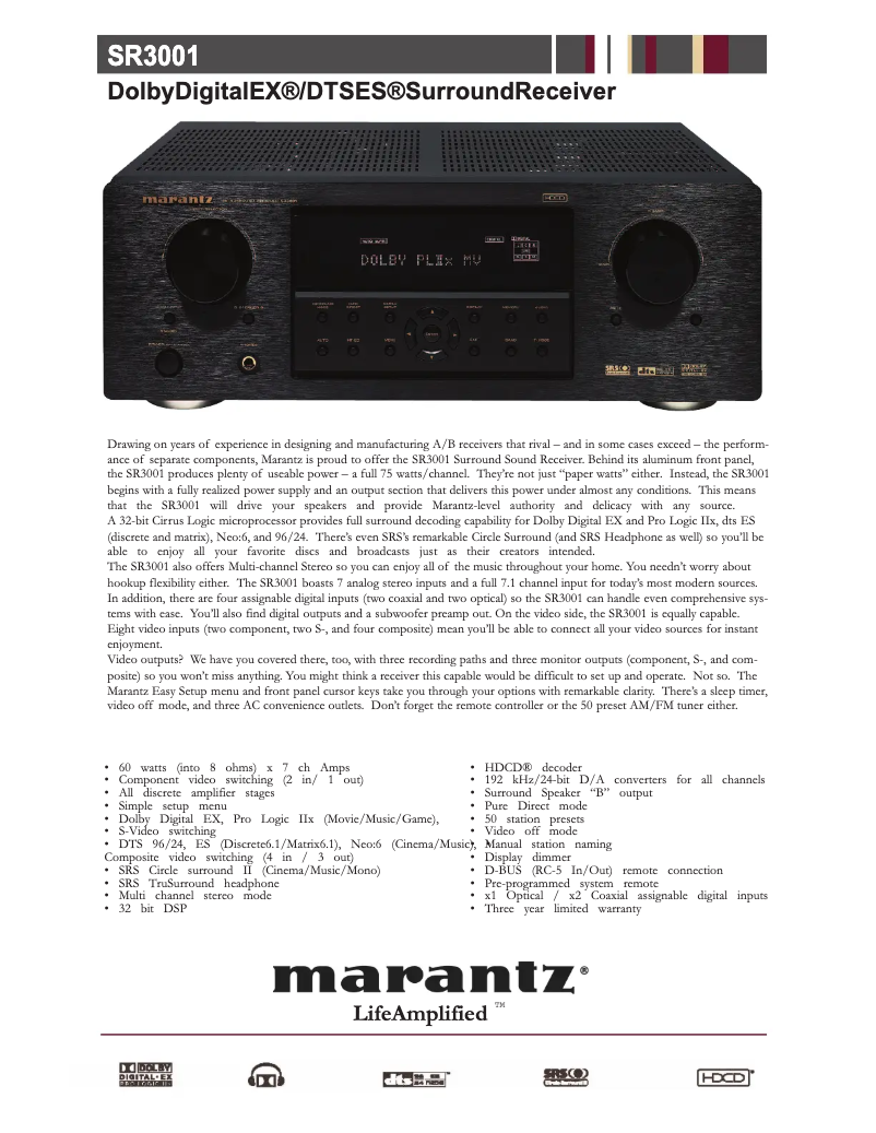 Página 1 del manual Ficha técnica Marantz SR3001