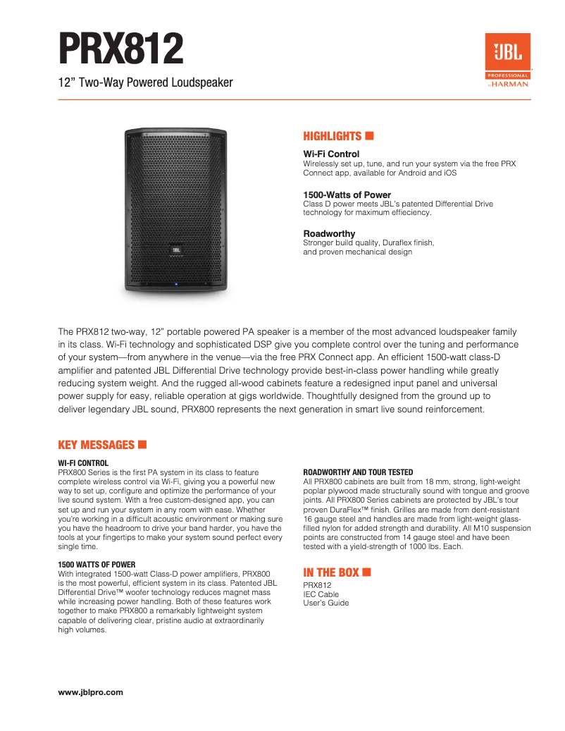 Page n°1 - Fiche technique JBL PRX812W