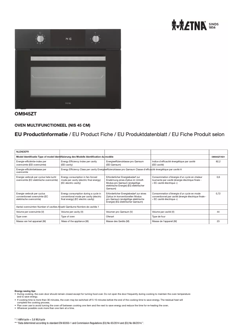 Page 1 de la notice Fiche technique Etna OM945ZT