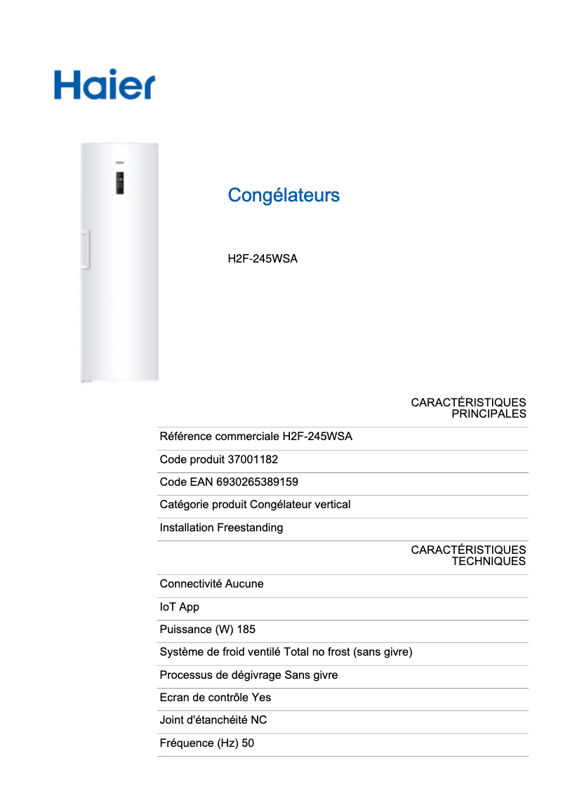 Image de la première page du manuel de l'appareil H2F-245WSA