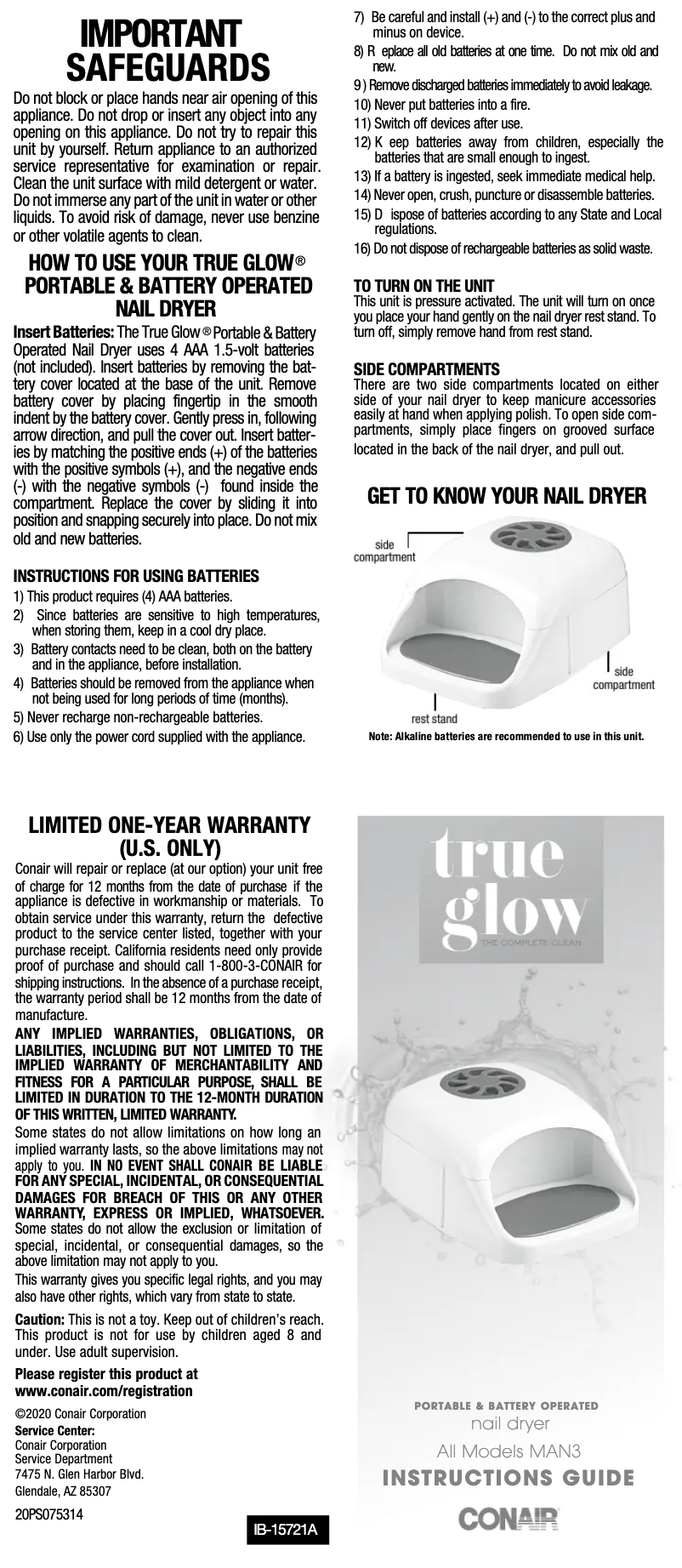 Page 1 de la notice Manuel utilisateur Conair True Glow MAN3