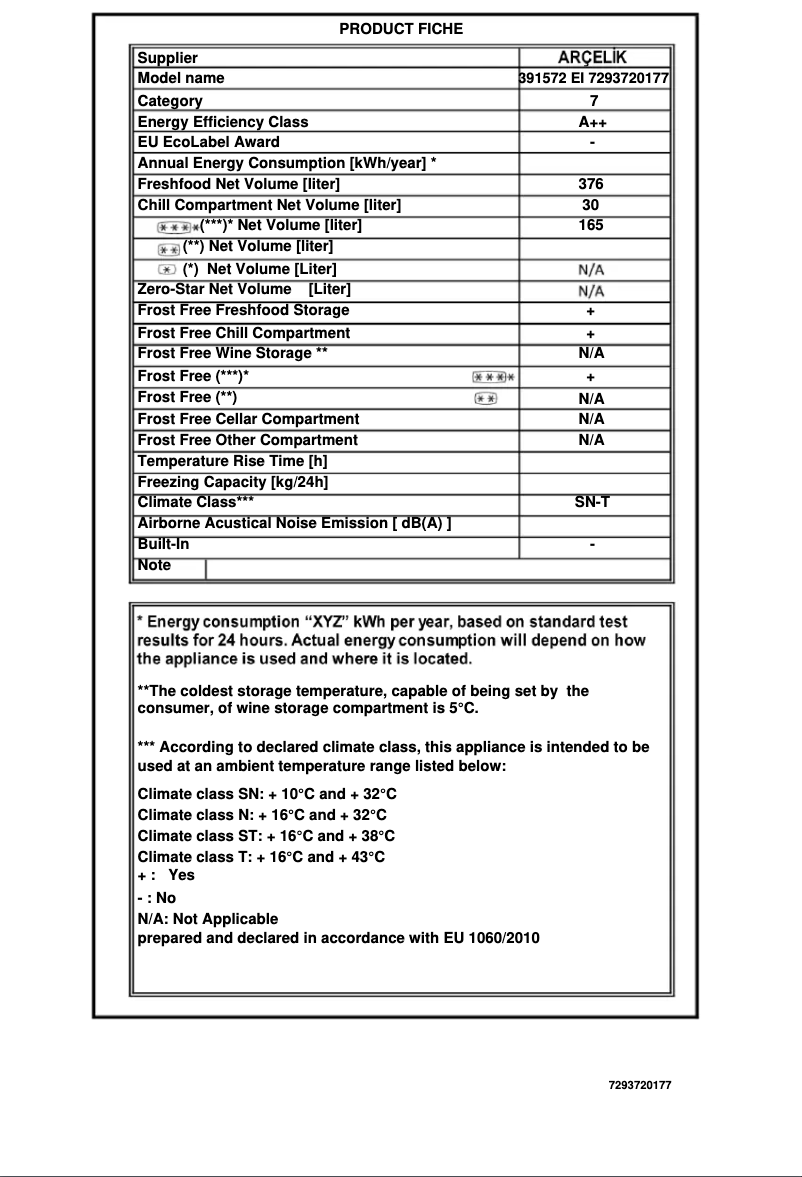 Page n°1 - Fiche technique Arçelik 391572 EI