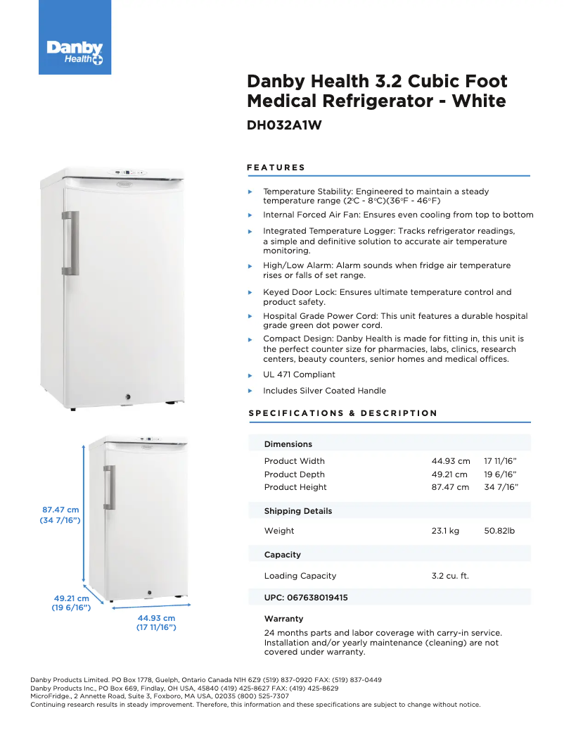 Page n°1 - Fiche technique Danby DH032A1W-1