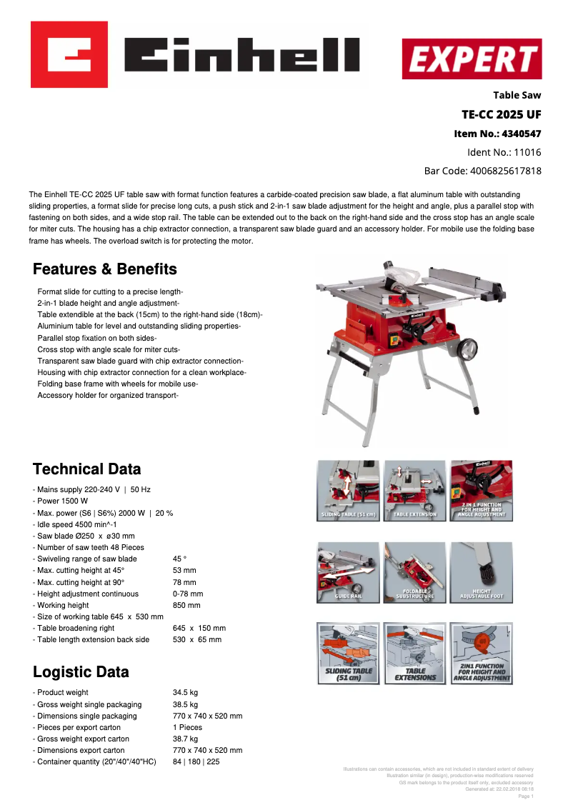 Page n°1 - Fiche technique Einhell TE-CC 2025 UF