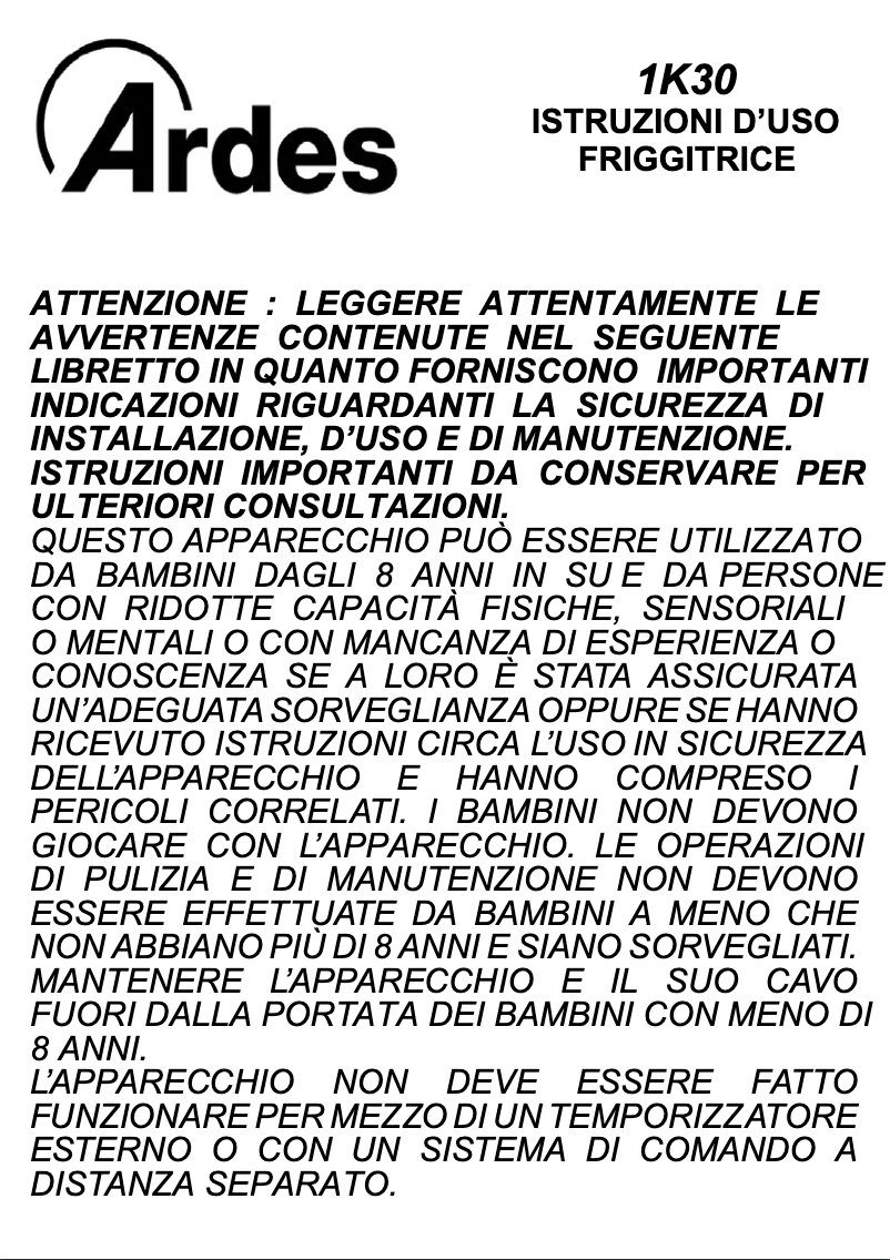 Page 1 de la notice Manuel utilisateur Ardes AR1K30