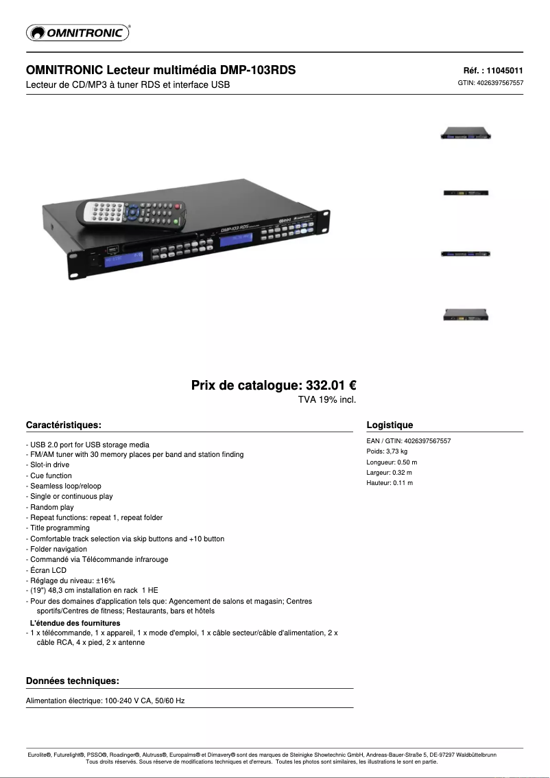 Page 1 de la notice Fiche technique Omnitronic DMP-103RDS
