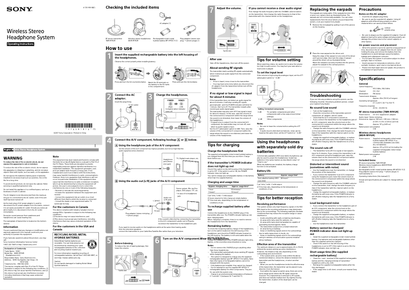 Image de la première page du manuel de l'appareil MDR-RF912RK