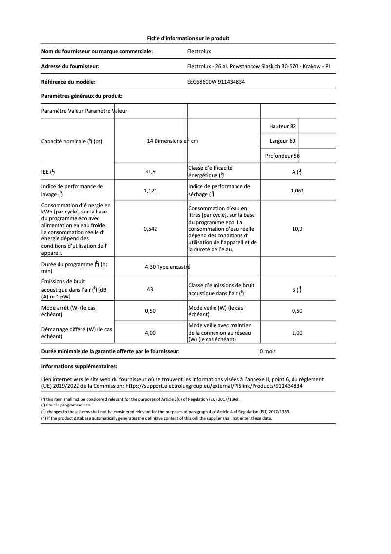 Page 1 de la notice Fiche technique Electrolux EEG68600W