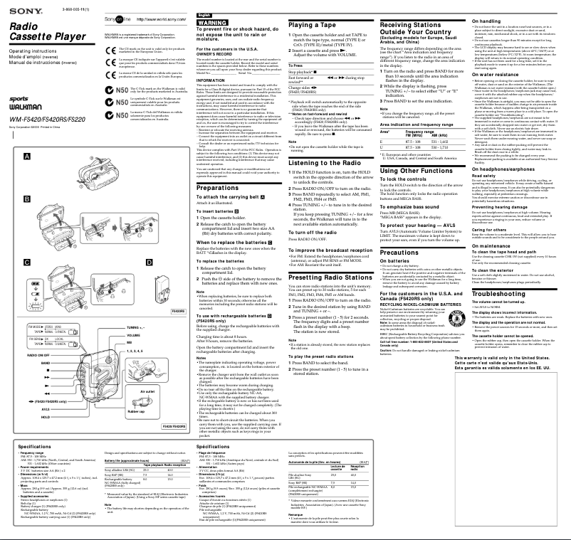 Page 1 de la notice Manuel utilisateur Sony Walkman WM-FS420