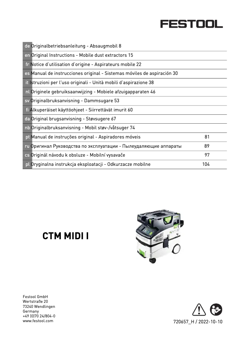 Page 1 de la notice Manuel utilisateur Festool Cleantec CTM Midi I