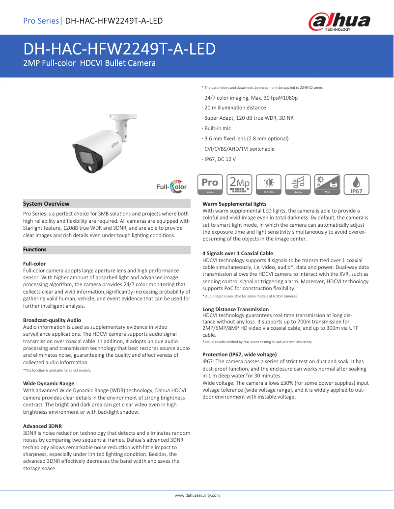 Page n°1 - Fiche technique Dahua Technology HAC-HFW2249T-A-LED