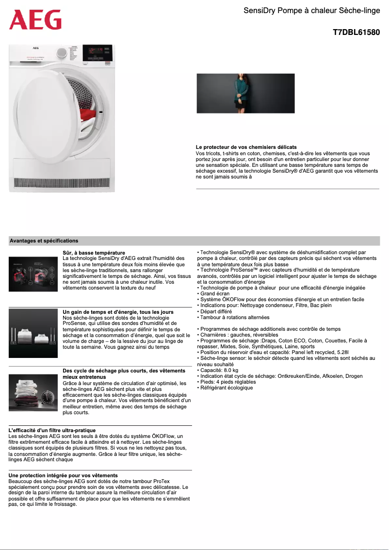 Page 1 de la notice Fiche technique AEG T7DBL61580