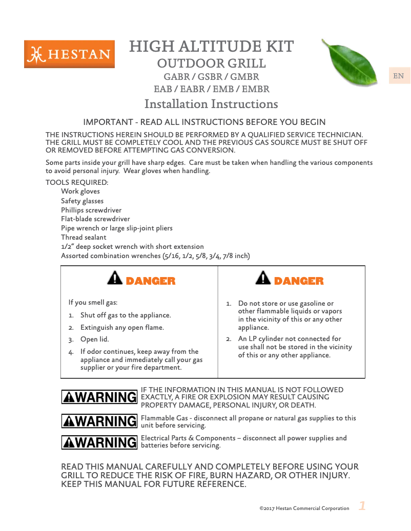 Page 1 de la notice Guide d'installation Hestan GMBR36-NG-GR