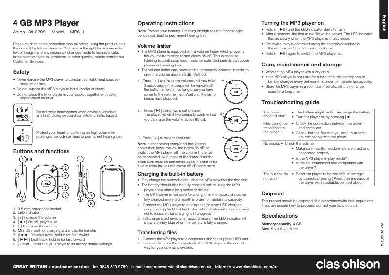 Page n°1 - Manuel utilisateur Clas Ohlson MP611