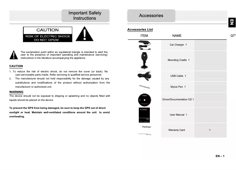 Page n°1 - Manuel utilisateur Prestigio GeoVision 4050