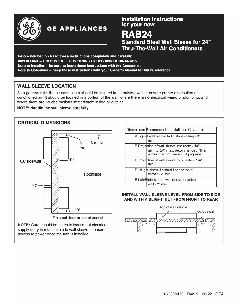 Page 1 de la notice Guide d'installation GE RAB24