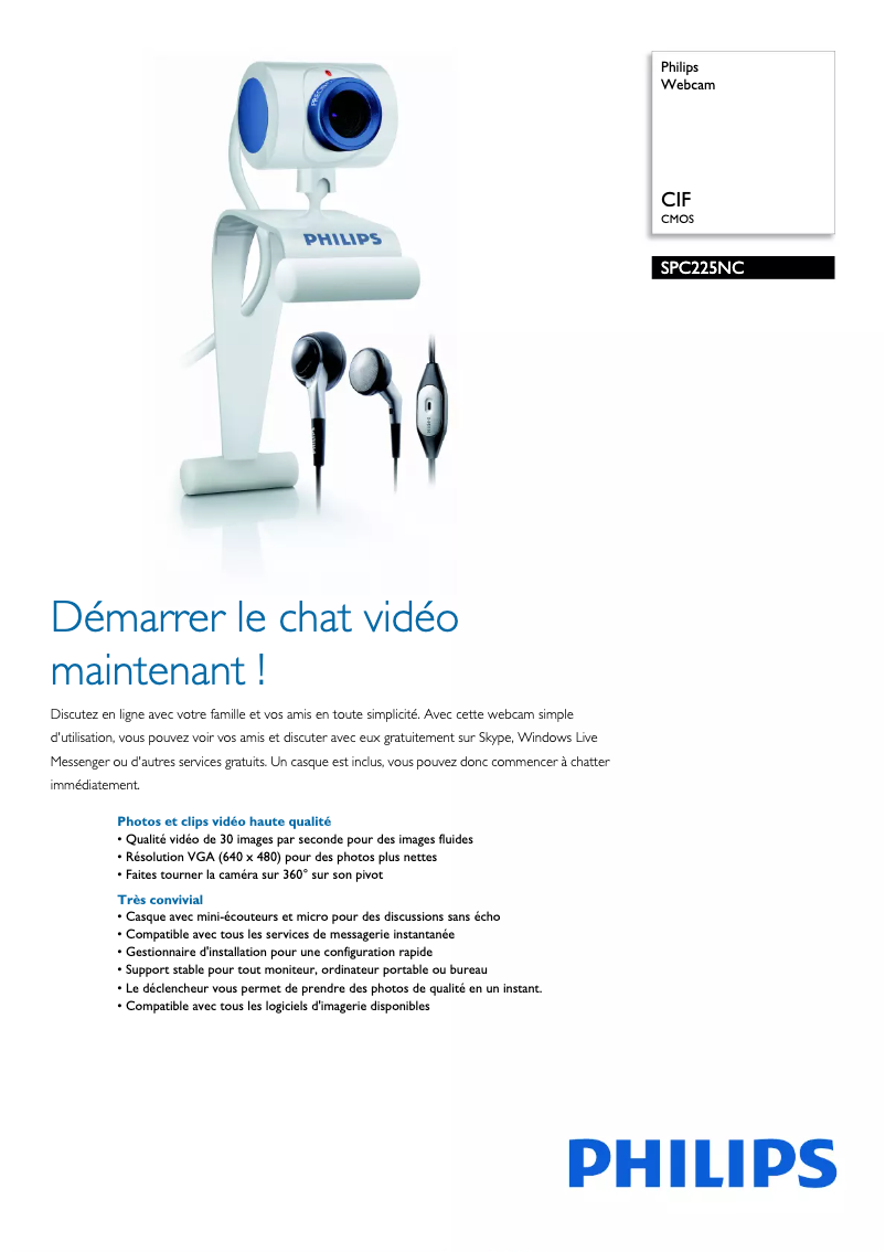 Page 1 de la notice Fiche technique Philips SPC225NC