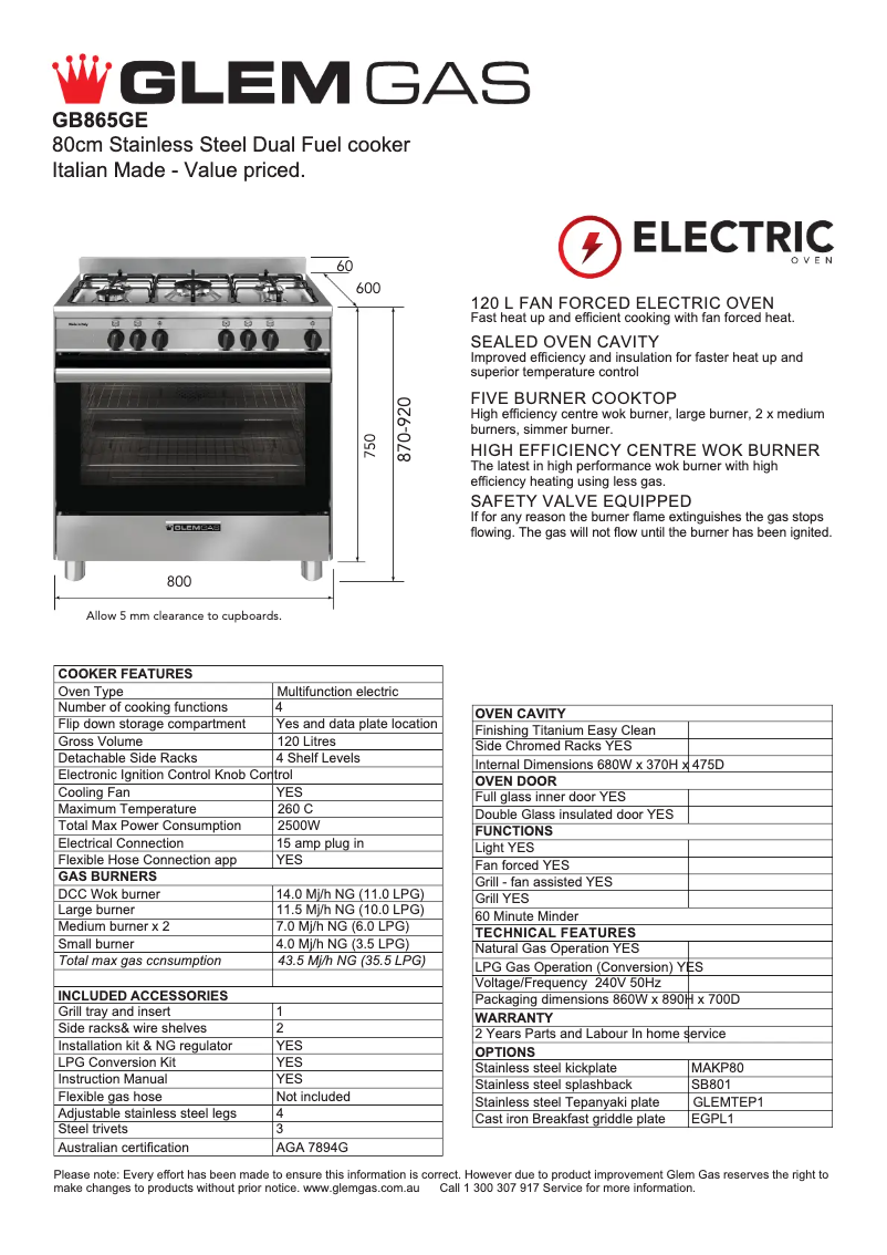Page 1 de la notice Fiche technique Glem Gas GB865GE