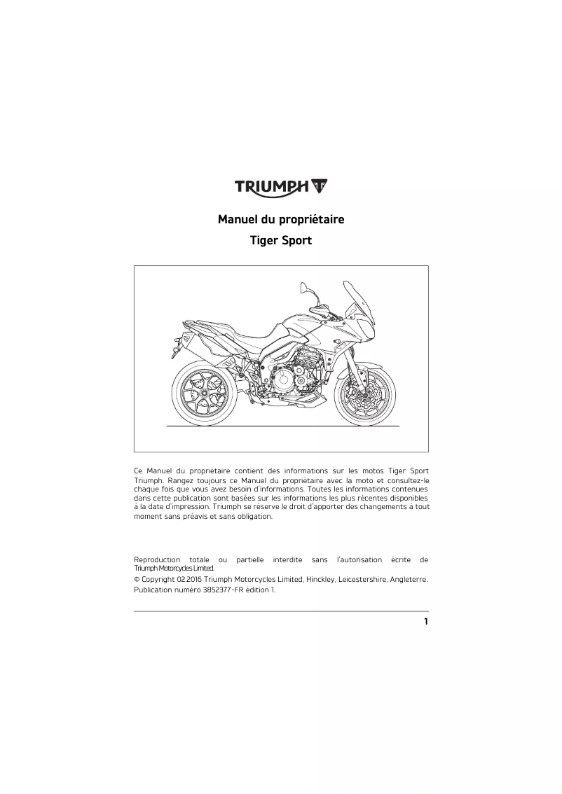 Page 1 de la notice Manuel utilisateur Triumph Tiger Sport 1050 (2016)
