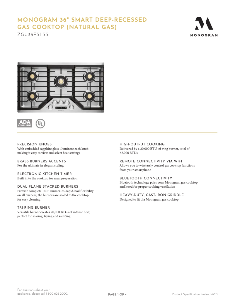 Page 1 de la notice Fiche technique Monogram ZGU36ESLSS