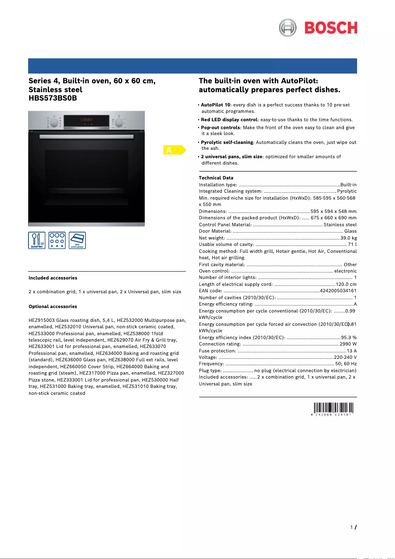Page 1 de la notice Fiche technique Bosch Serie 4 HBS573BS0B