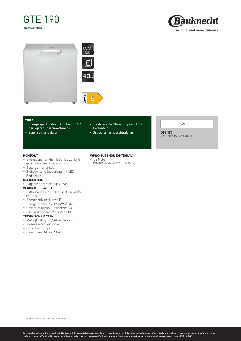 Page 1 de la notice Fiche technique Bauknecht GTE 190